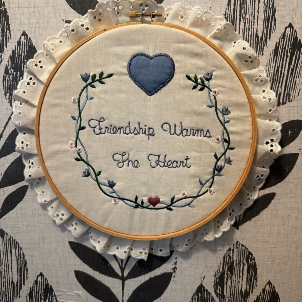 Vintage Embroidery Hoop Wall Art Friendship Floral Wreath Lace Cottagecore